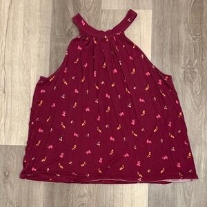 LOFT Burgundy Halter Tank Top with Pink & Orange Print